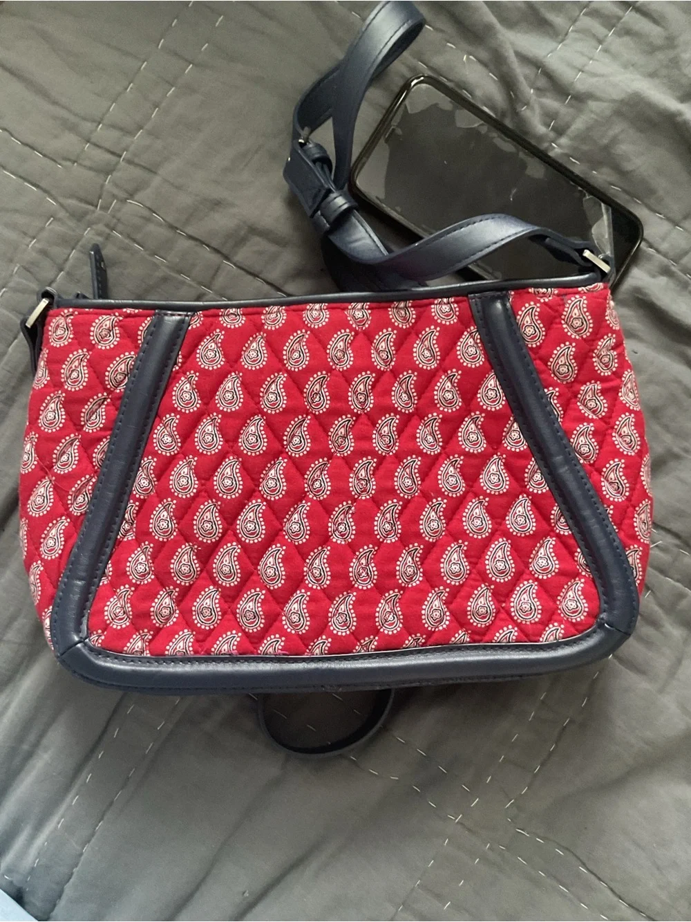 Vera Bradley Red Paisley Crossbody with Navy Trim and Strap, faux-leather trim.